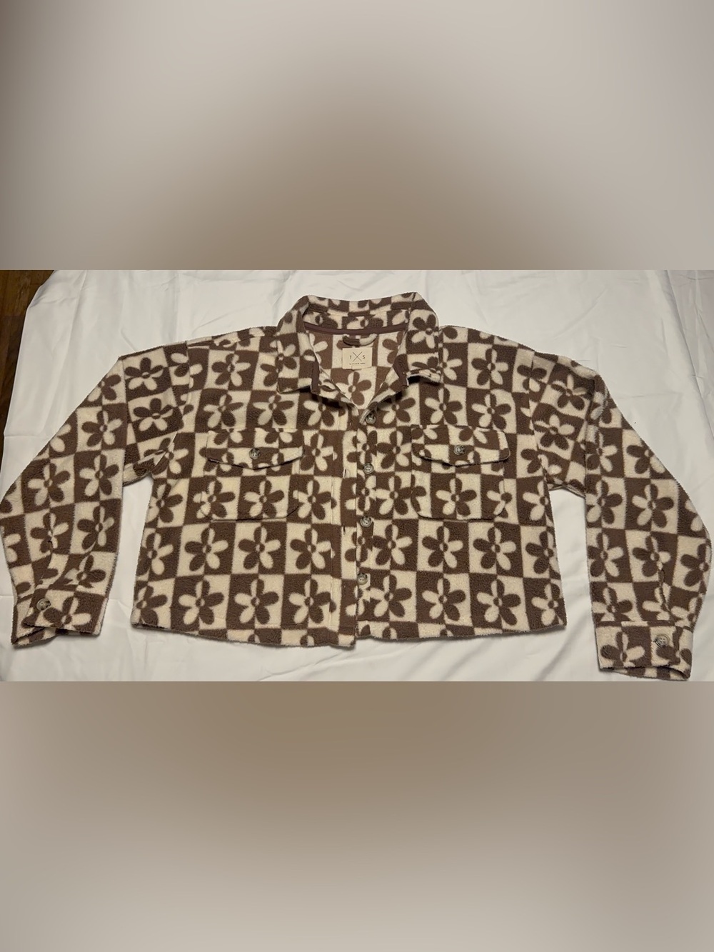 Thread & Supply Cropped Floral Checker Fleece Shacket Jacket Large Brown